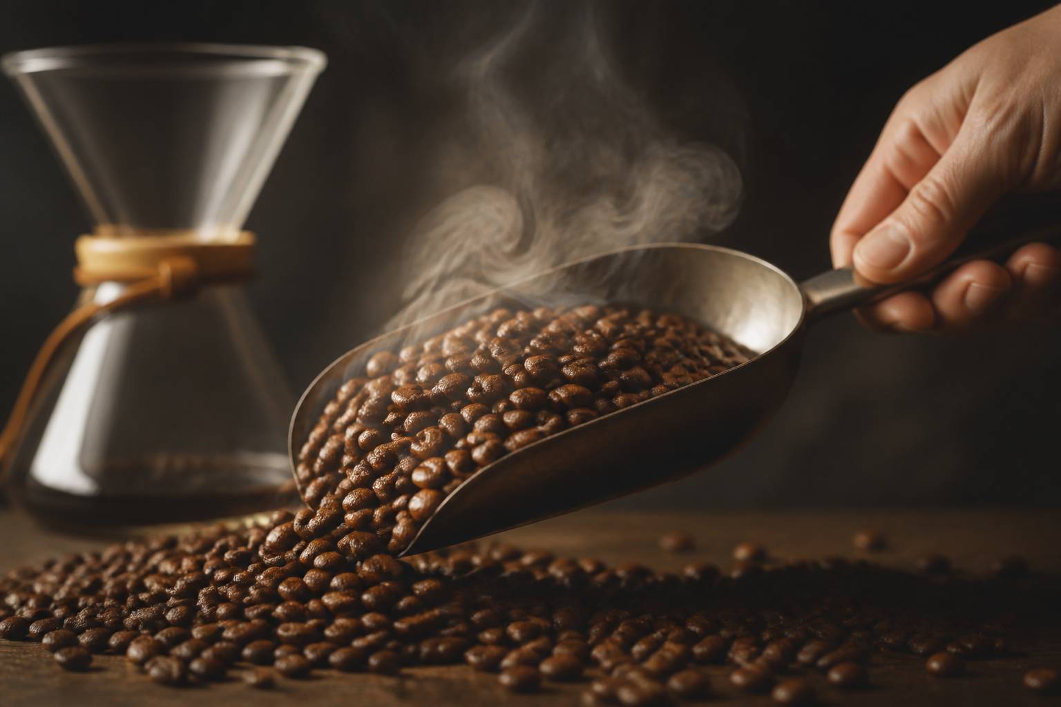 Grains de café fraîchement torréfiés soulevés à la louche avec de la vapeur