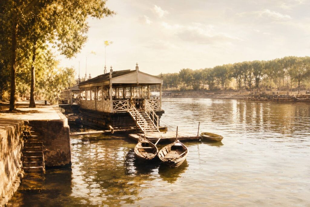 Bords de Seine avec un établissement flottant aux reflets impressionnistes