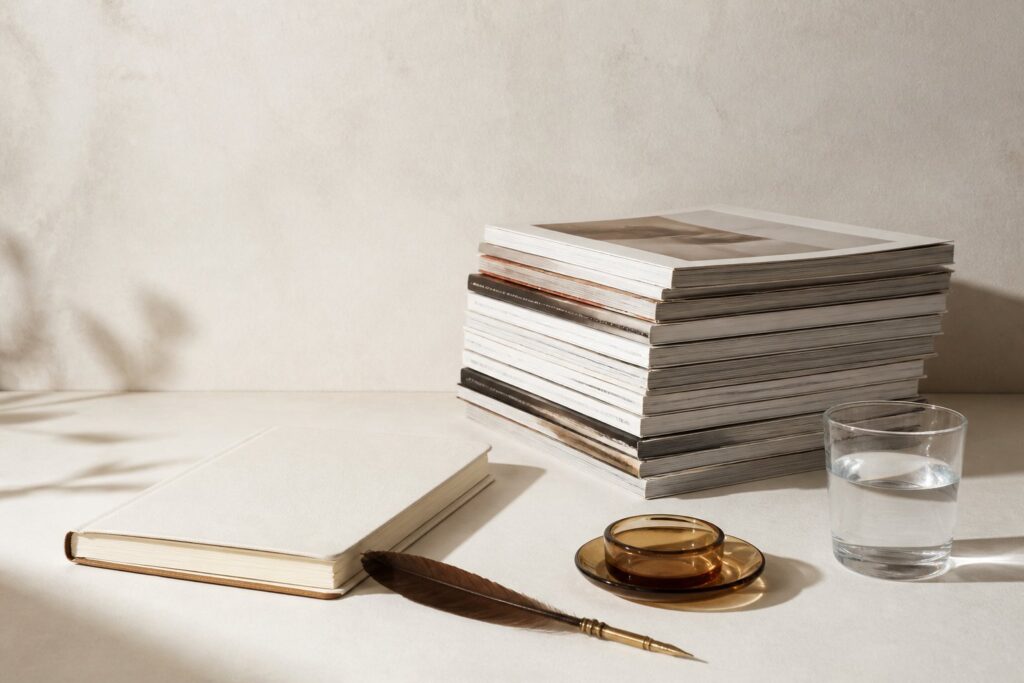 Pile de magazines génériques, plume et carnet en papier crème, verre d'eau sur fond parchemin
