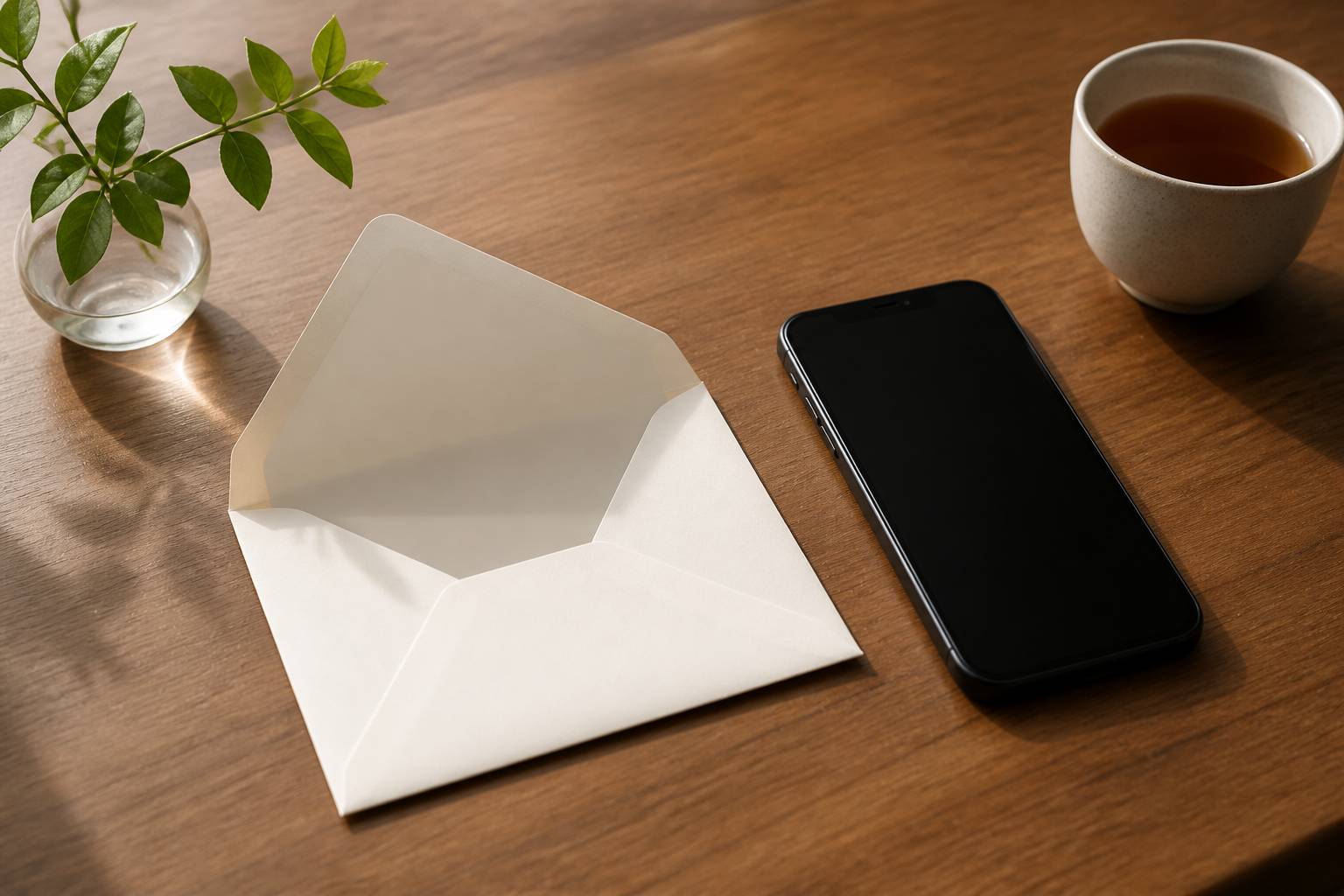 Smartphone à l'écran éteint posé à côté d'une enveloppe et d'une tasse de thé