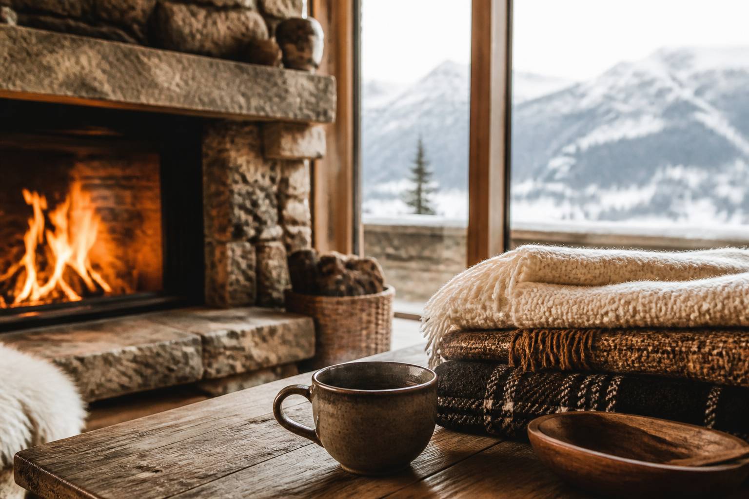 Intérieur chaleureux de chalet avec cheminée et vue montagne