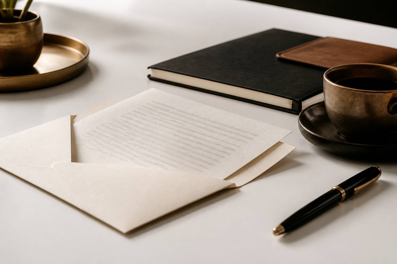 Enveloppe crème ouverte avec lettre illisible, tasse de café et stylo sur un bureau