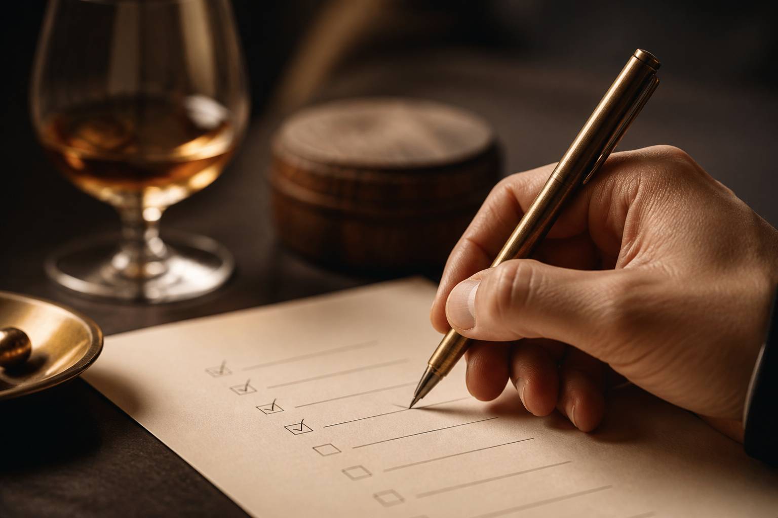 Main cochant une liste de lecture avec un verre de vin