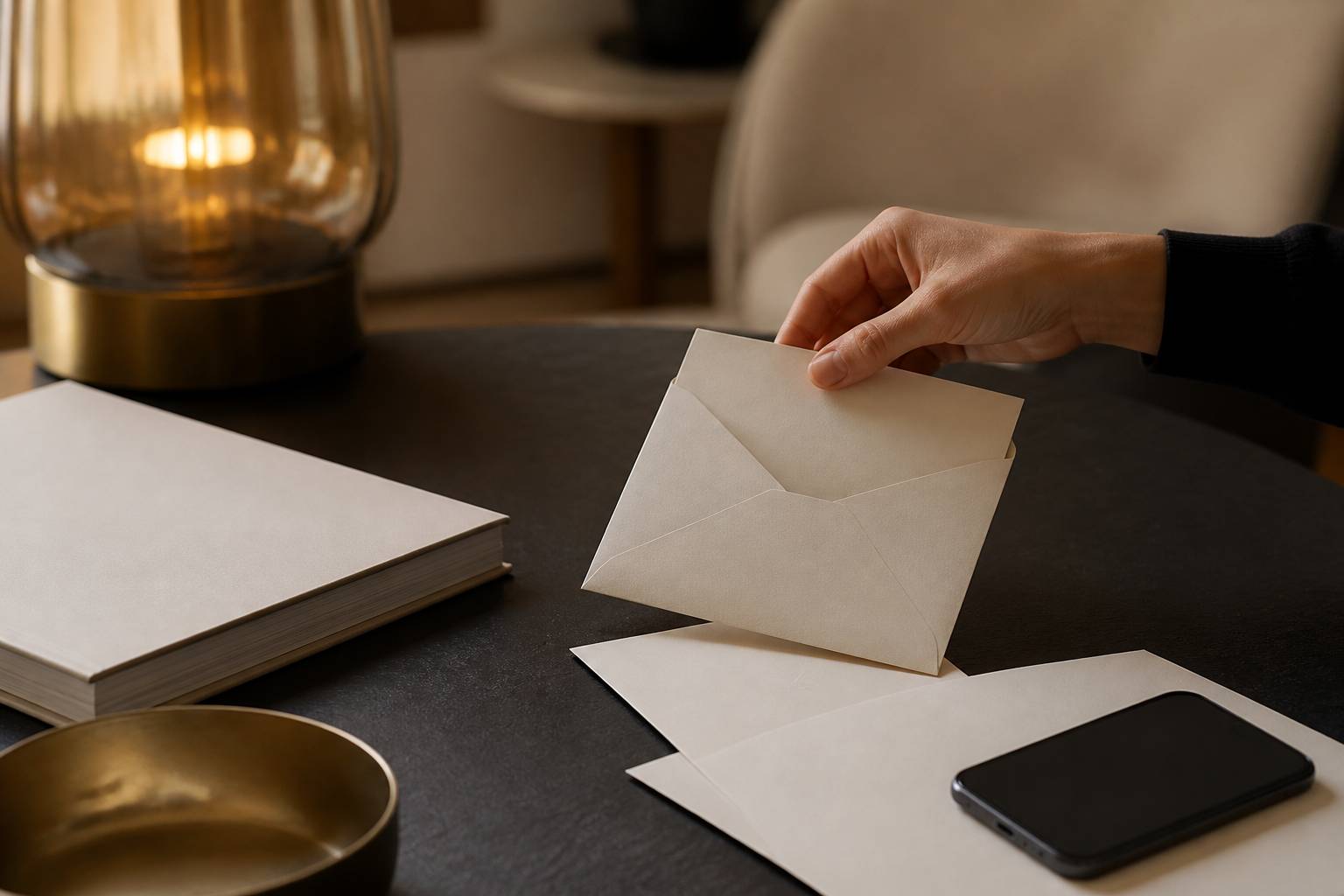 Main ouvrant une enveloppe avec un magazine sur une table