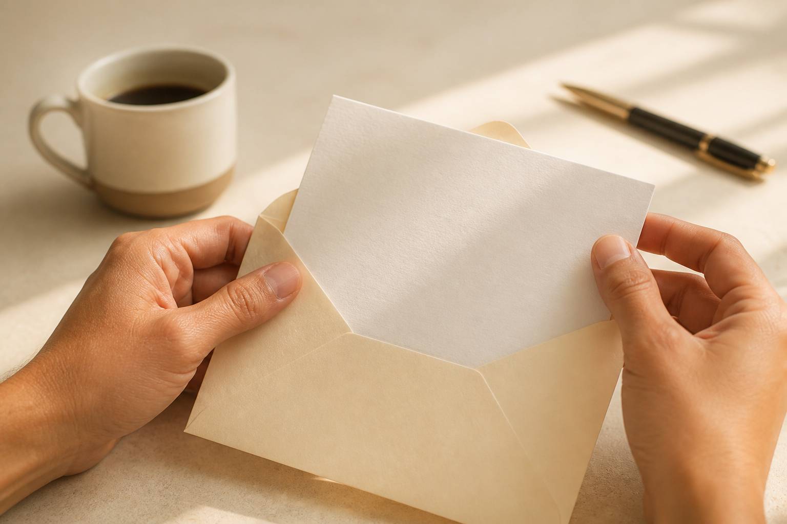 Mains anonymes tenant une enveloppe crème ouverte avec une carte blanche, café et stylo en arrière-plan