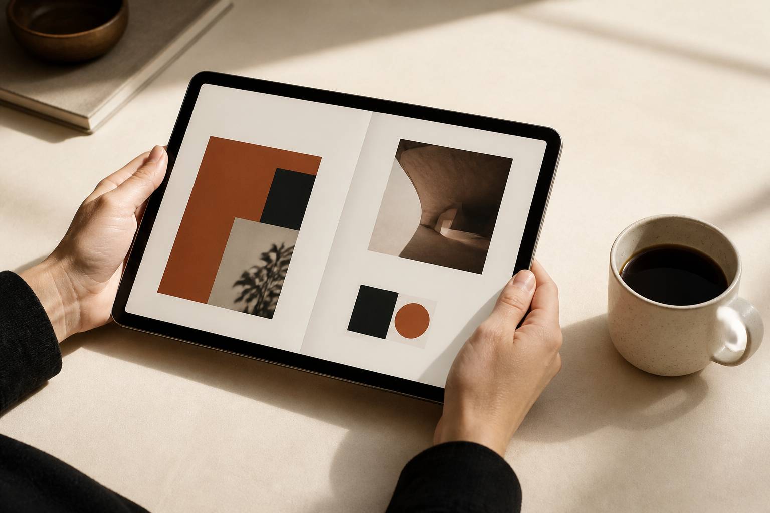 Mains tenant une tablette avec une maquette magazine