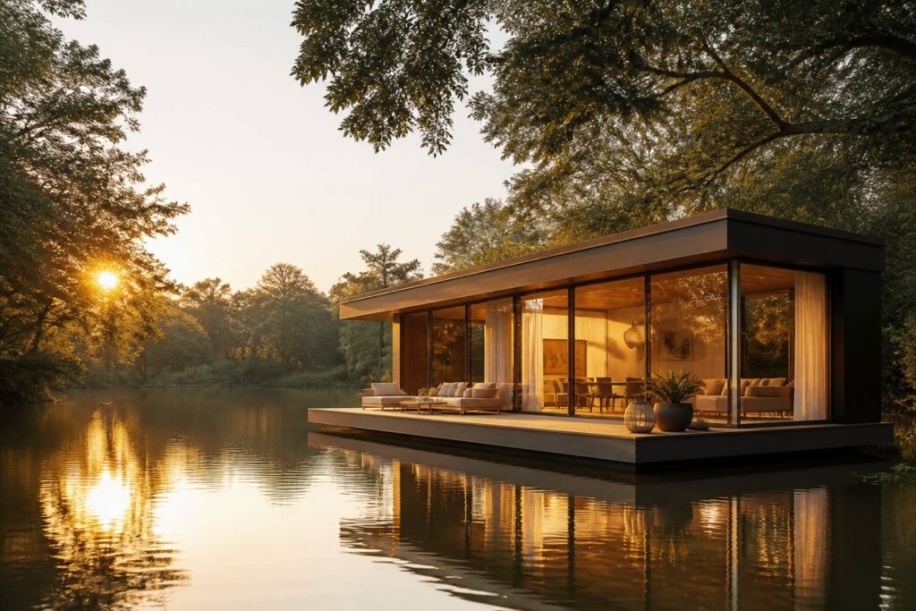 Maison flottante architecturale sur une rivière au crépuscule