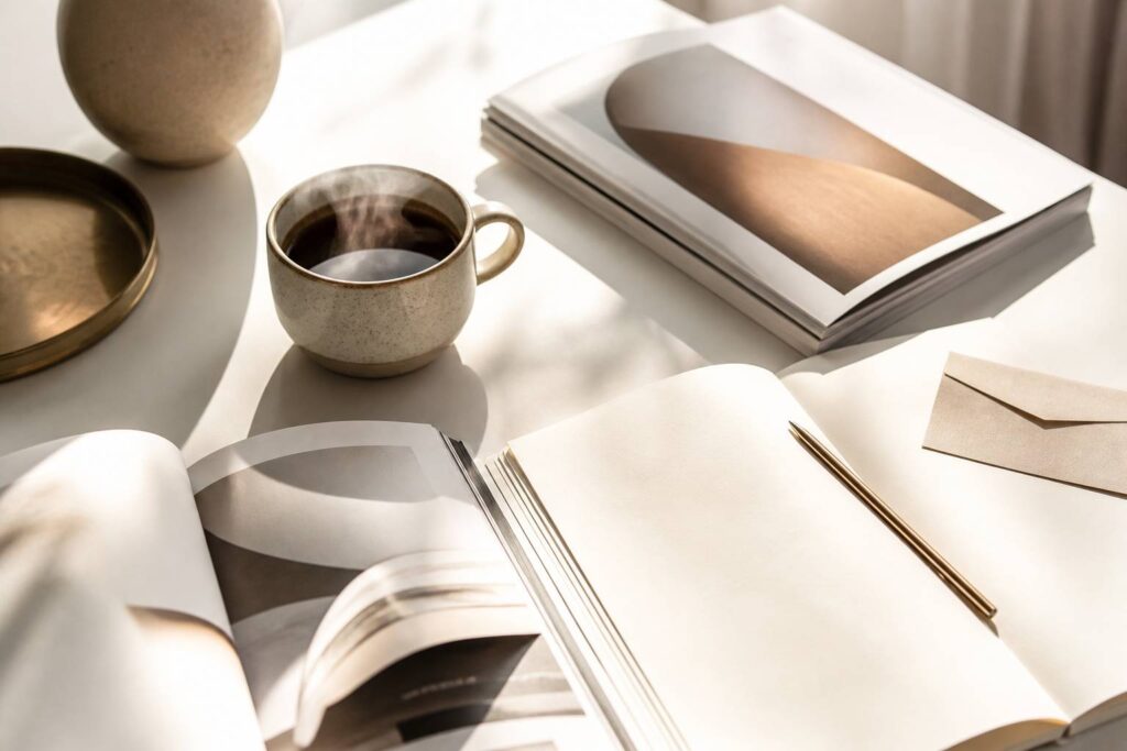 Tasse de café et pile de magazines sans texte sur une table élégante