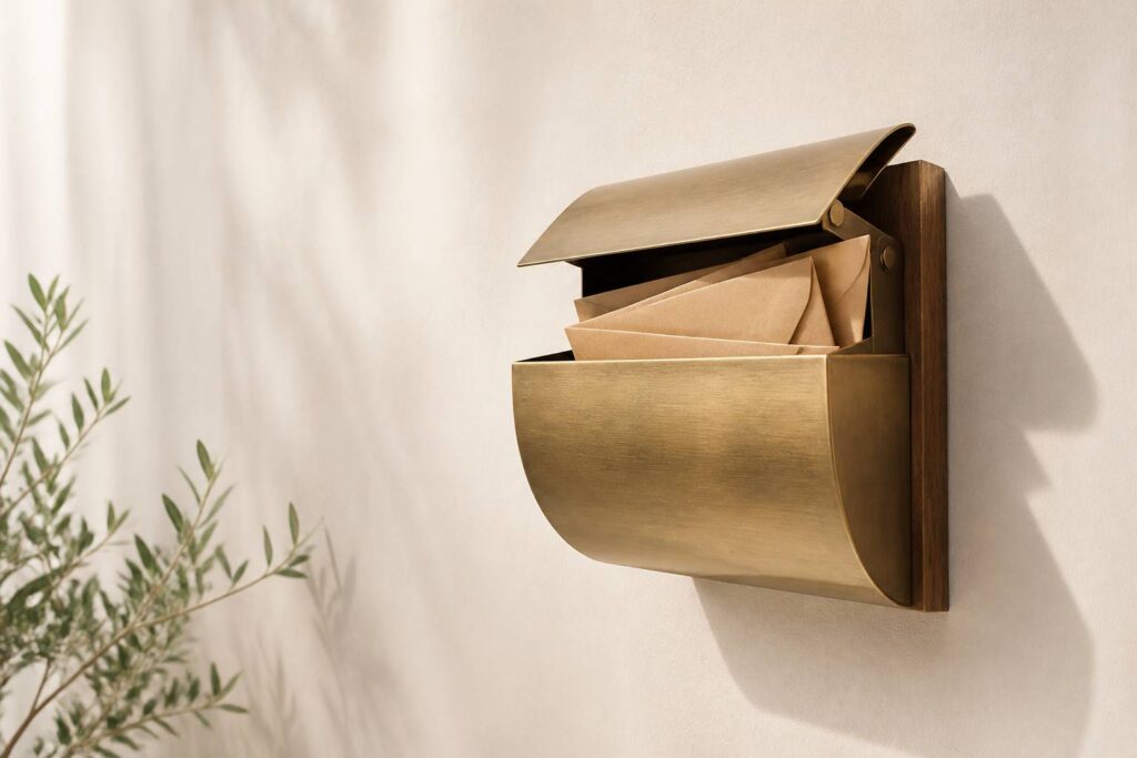 Boîte aux lettres en laiton avec enveloppes en papier kraft