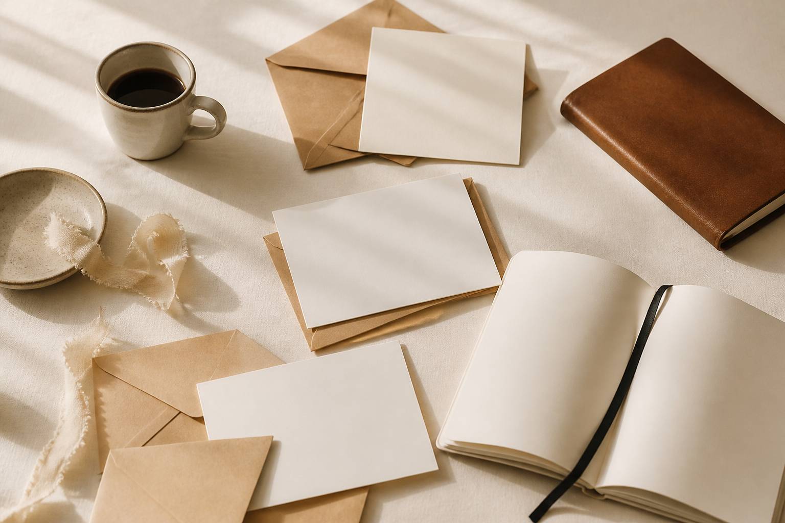 Enveloppes en papier kraft étalées sur une table de lecture