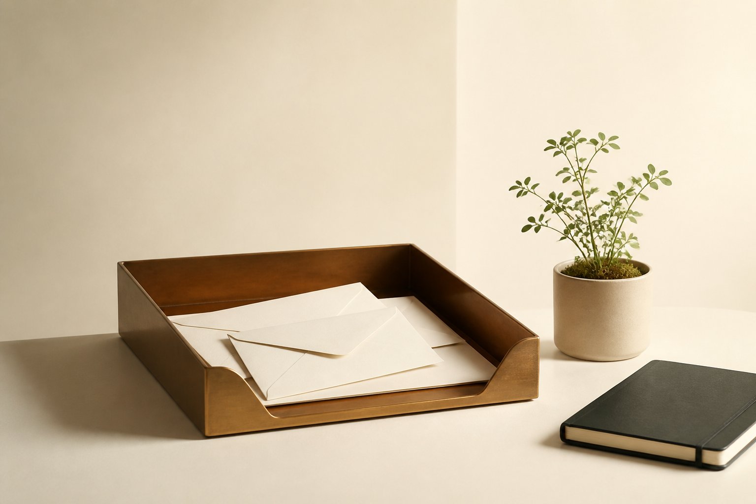 Corbeille à courrier en laiton avec enveloppes crème, petite plante verte et carnet sur fond blanc
