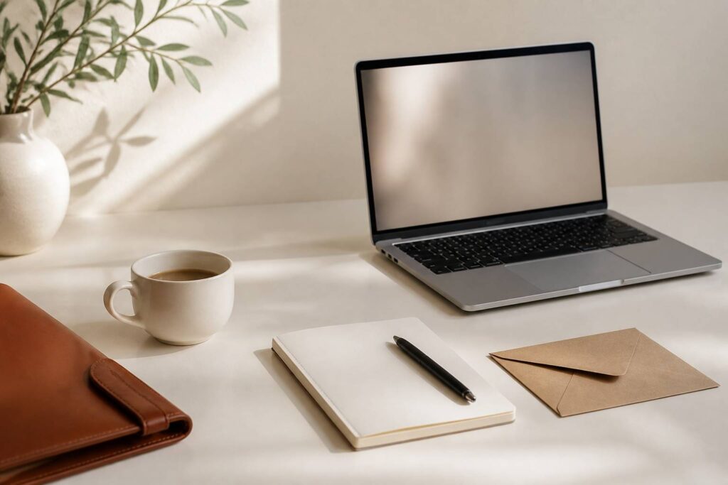 Bureau éditorial épuré avec ordinateur, carnet et café