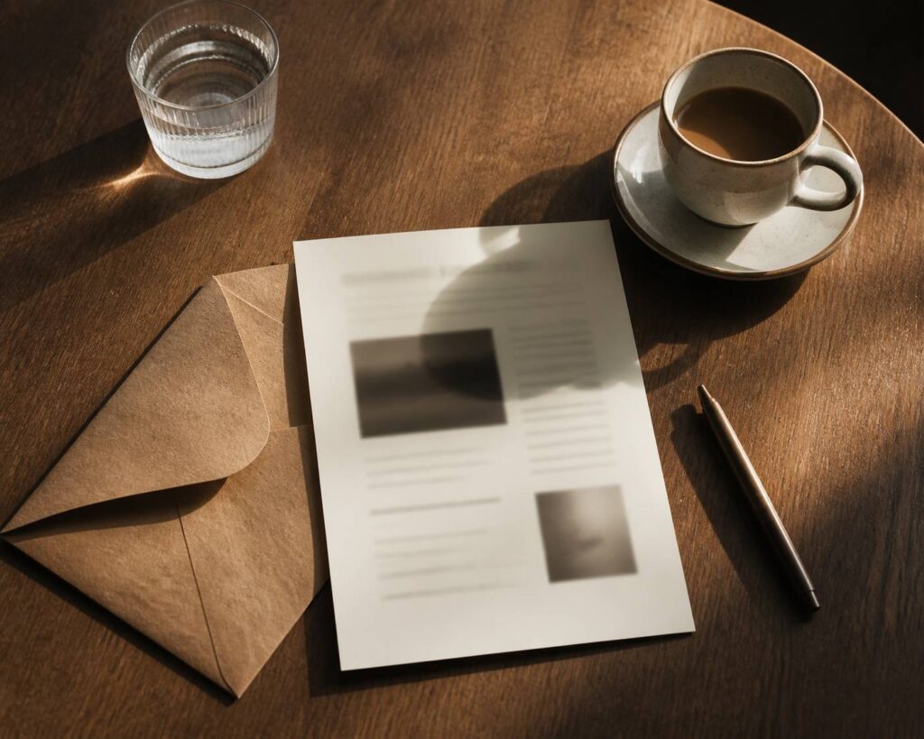 Lettre d'information imprimée sur papier crème avec un stylo et un café