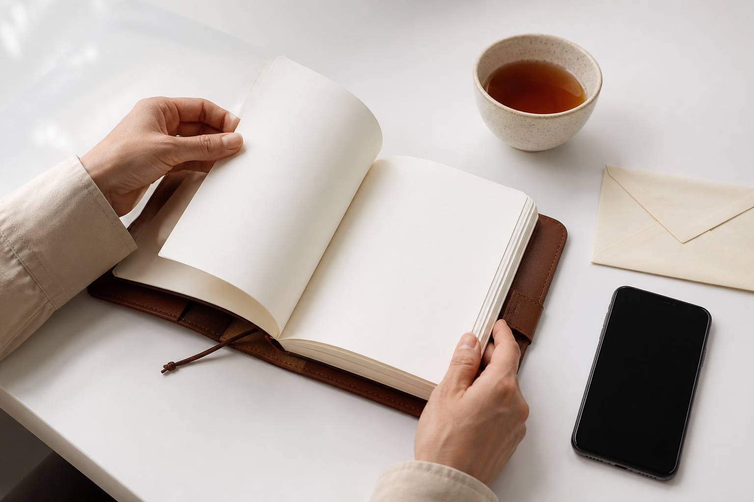 Mains feuilletant un carnet avec une tasse et une enveloppe