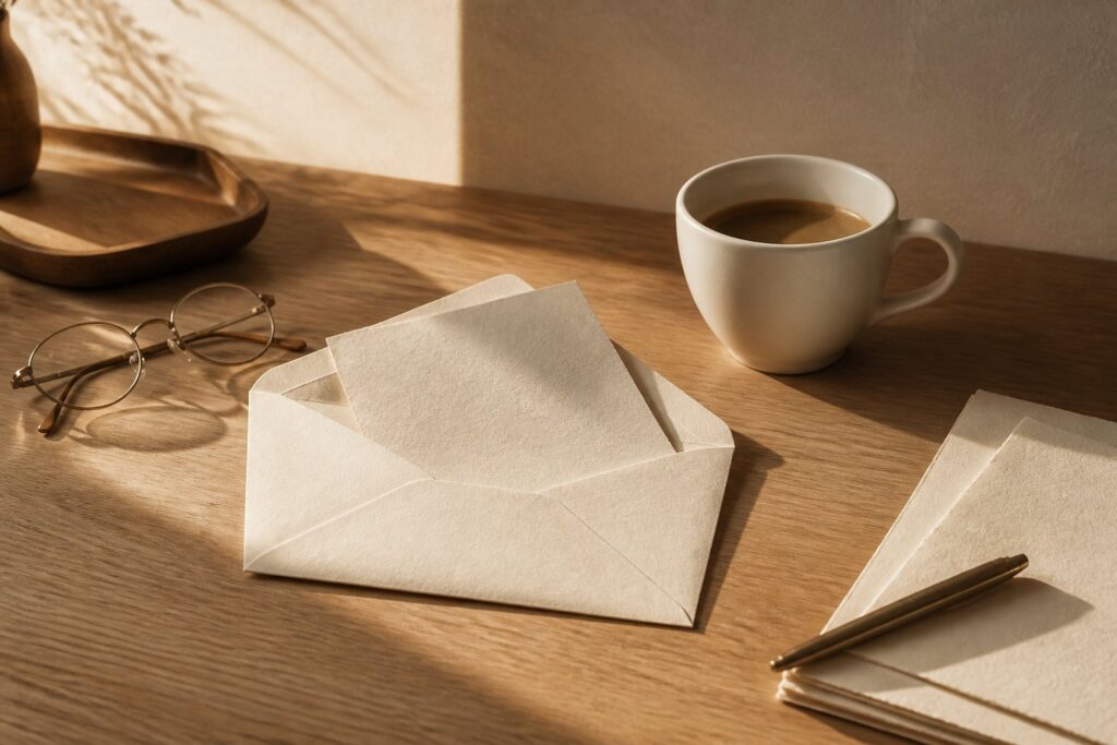 Enveloppe en papier crème ouverte avec lettre, tasse de café et lunettes sur bureau en bois clair