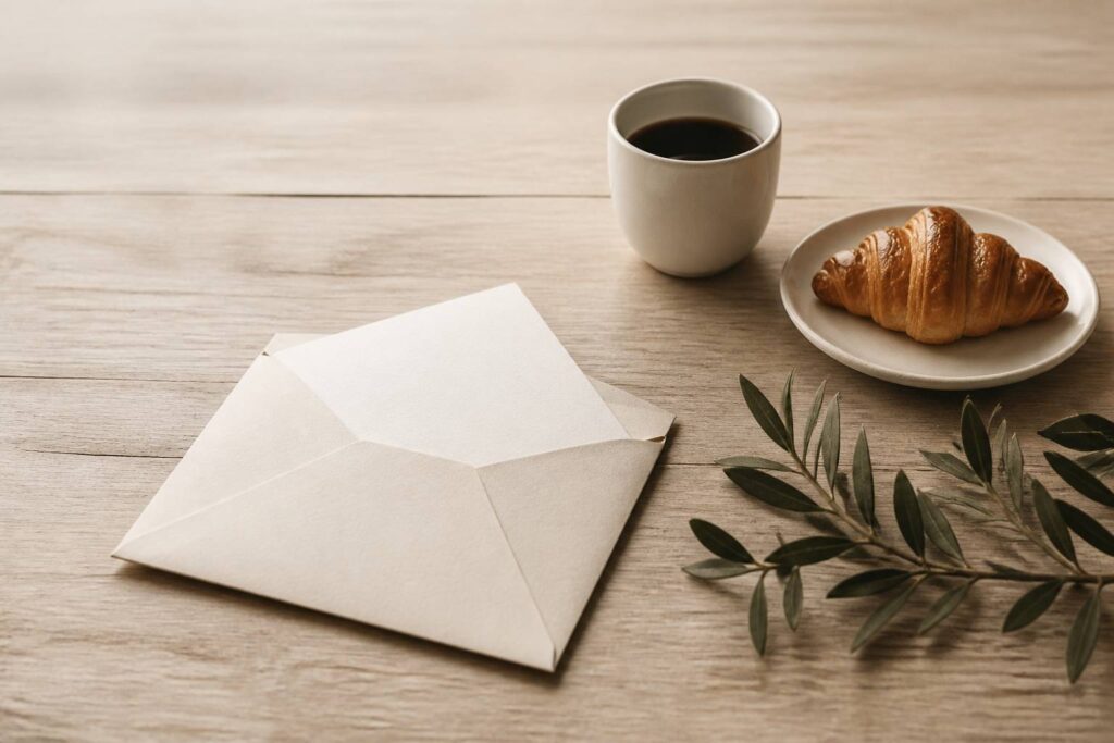 Composition éditoriale avec une enveloppe en papier texturé, un café et une viennoiserie