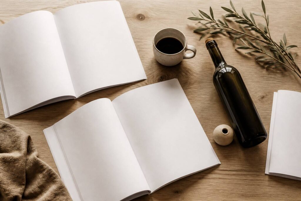 Pages de magazine pliées avec une tasse de café et une bouteille de vin en flat-lay