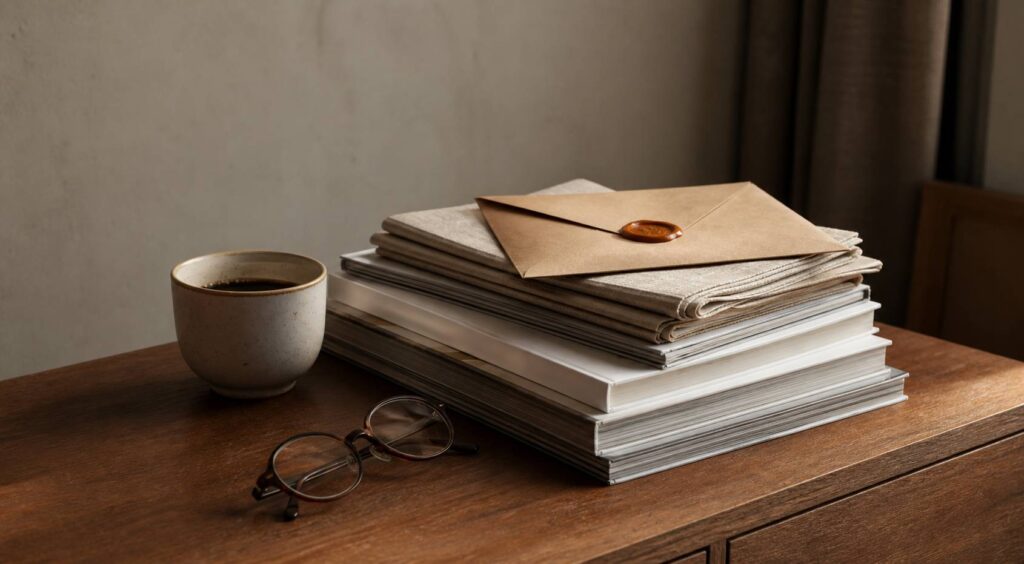 Magazines empilés avec enveloppe scellée et café sur bureau