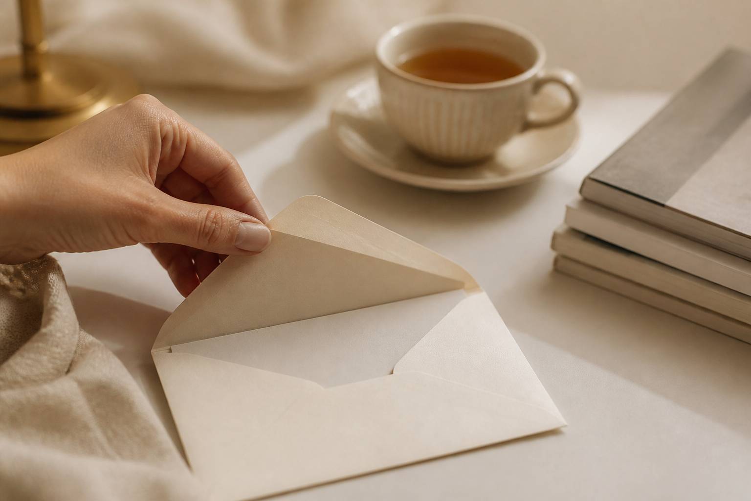 Main ouvrant une enveloppe en papier crème avec une tasse de thé à côté