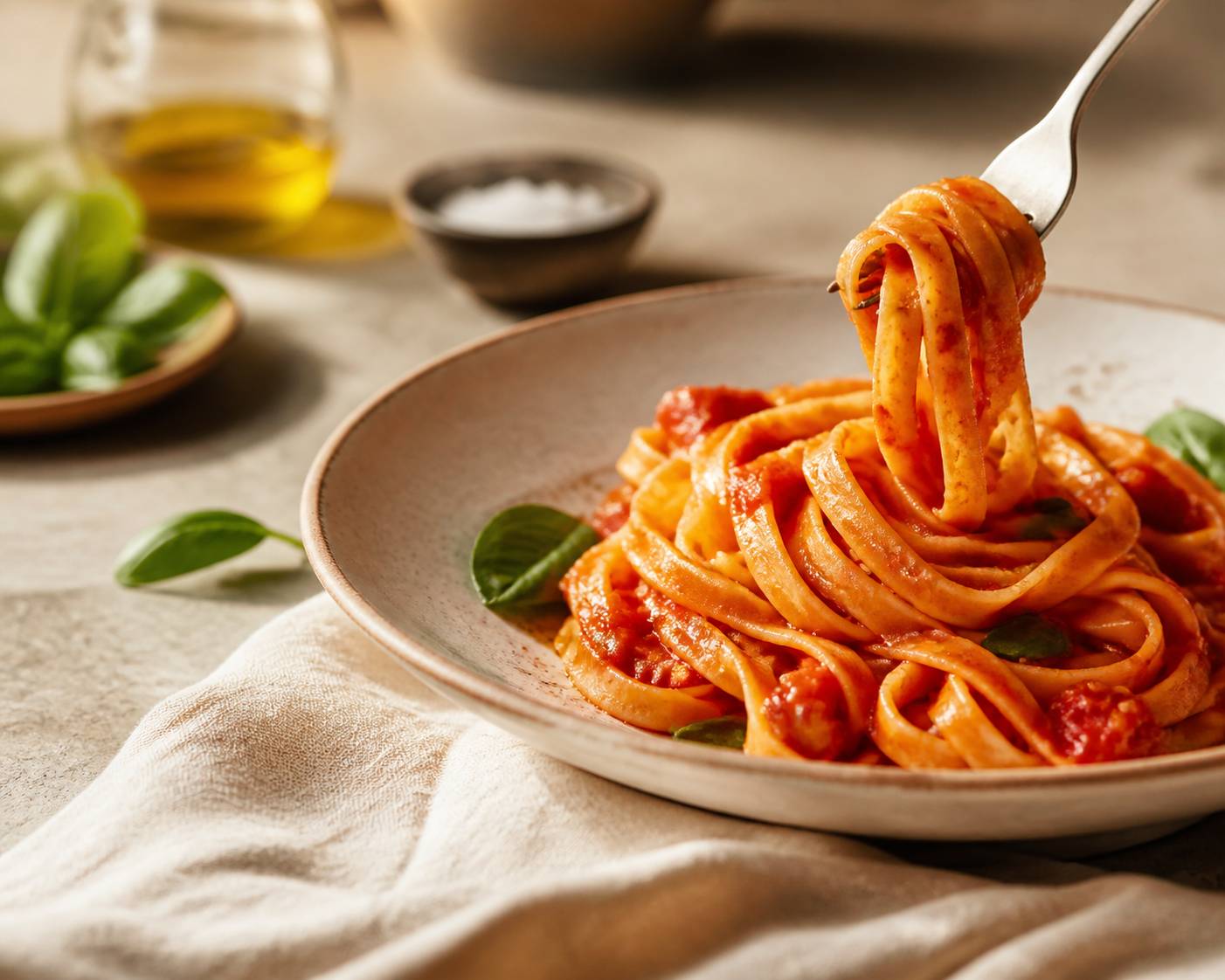Assiette de pâtes fraîches à la sauce tomate avec basilic et huile d'olive