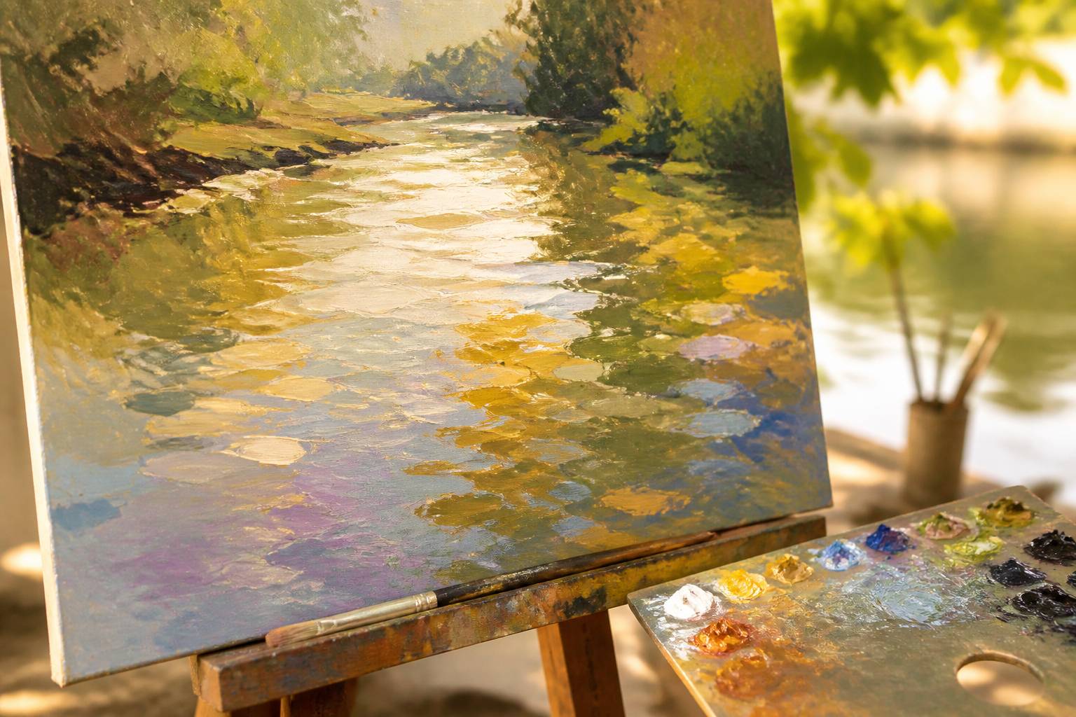 Toile impressionniste avec touches rapides et reflets sur l'eau