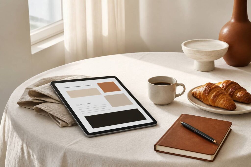 Table de petit-déjeuner élégante avec tablette, café et croissants près d'une fenêtre ensoleillée