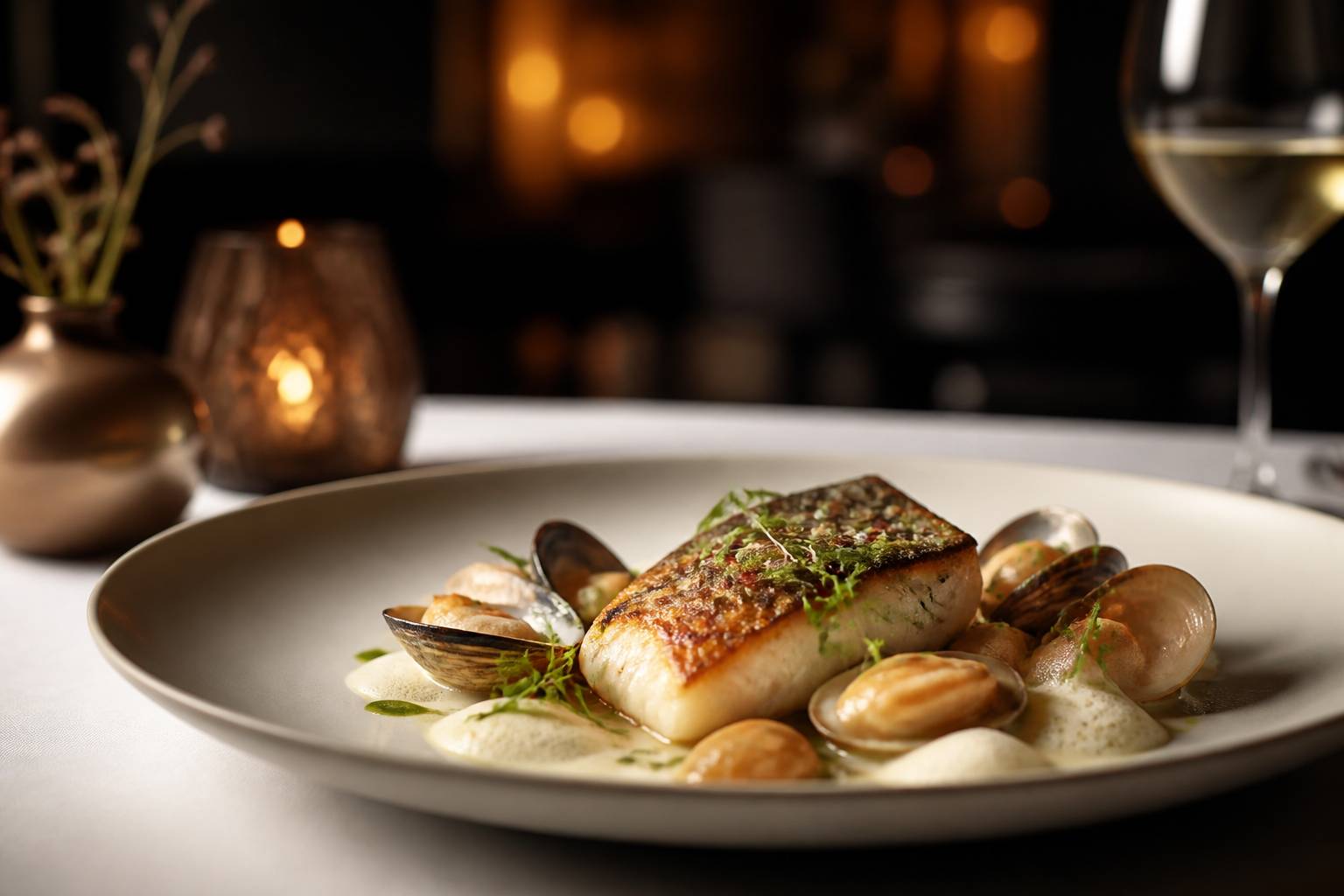 Plat de cuisine de la mer dressé avec poisson et coquillages