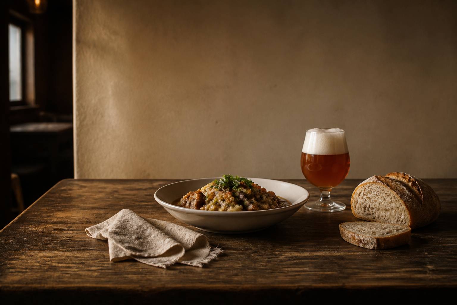 Assiette de plat régional flamand avec verre de bière ambrée sur table en bois