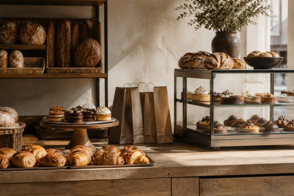 Vitrine de boulangerie-pâtisserie avec viennoiseries et pains au levain