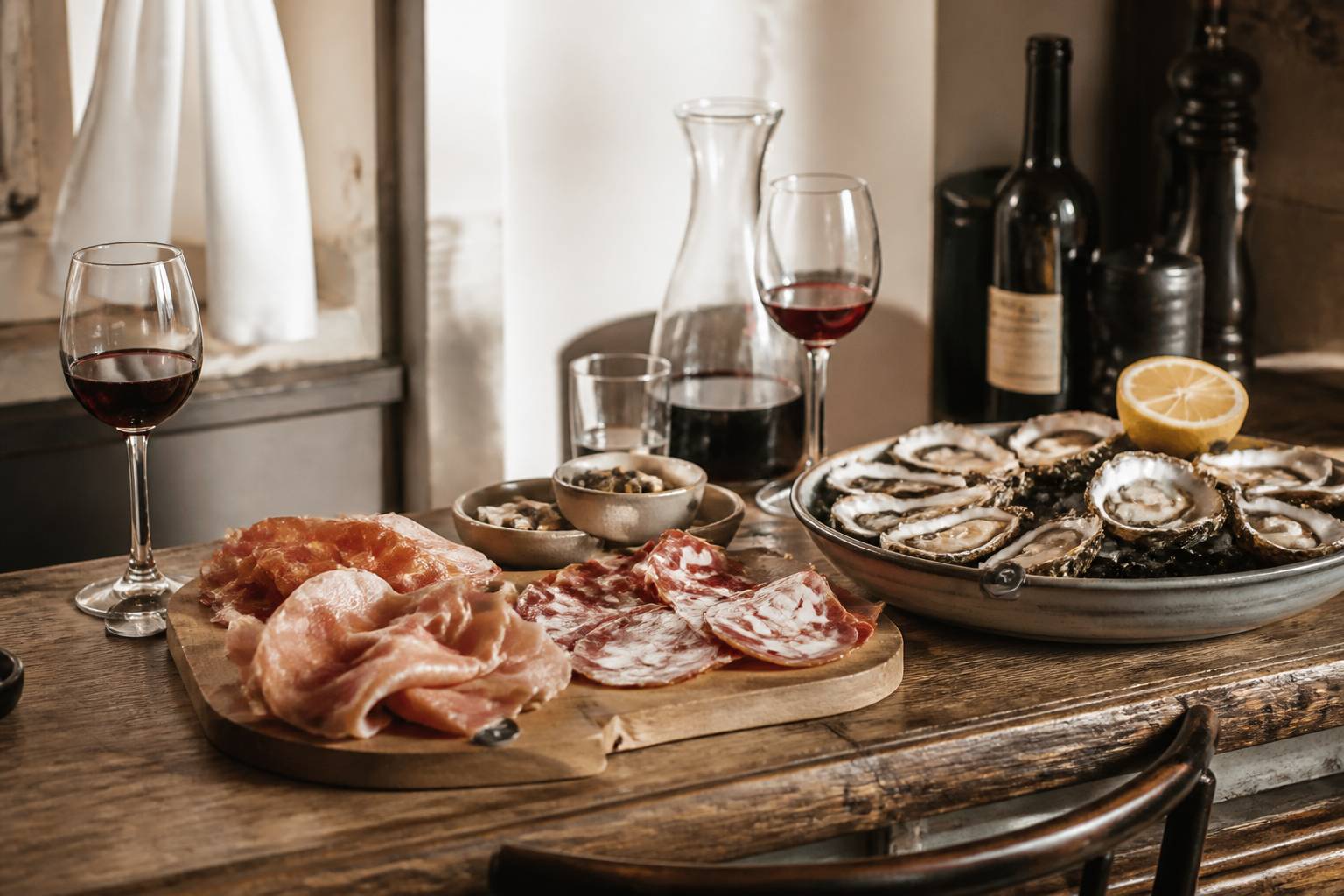Comptoir de bistrot avec planche de cochonnaille et verres de vin