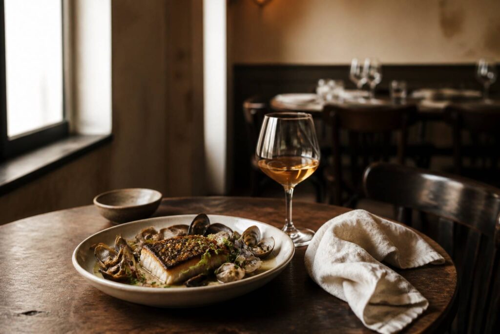 Table de bistrot français avec poisson et coquillages en salle chaleureuse