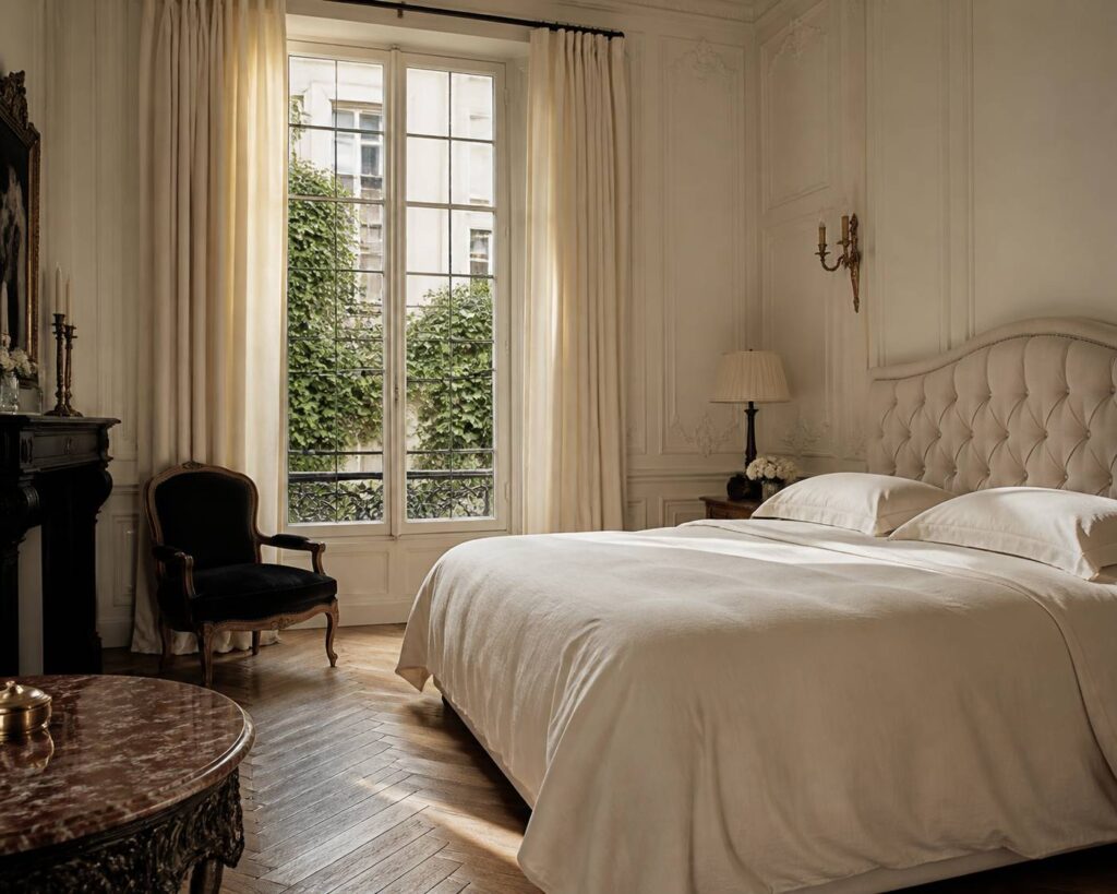 Chambre d'hôtel particulier parisien aux moulures anciennes et draps crème