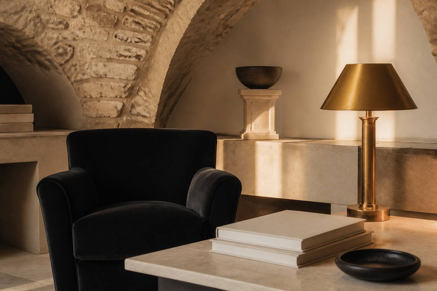 Salon feutré sous voûtes en pierre avec fauteuil en velours et lampe laiton