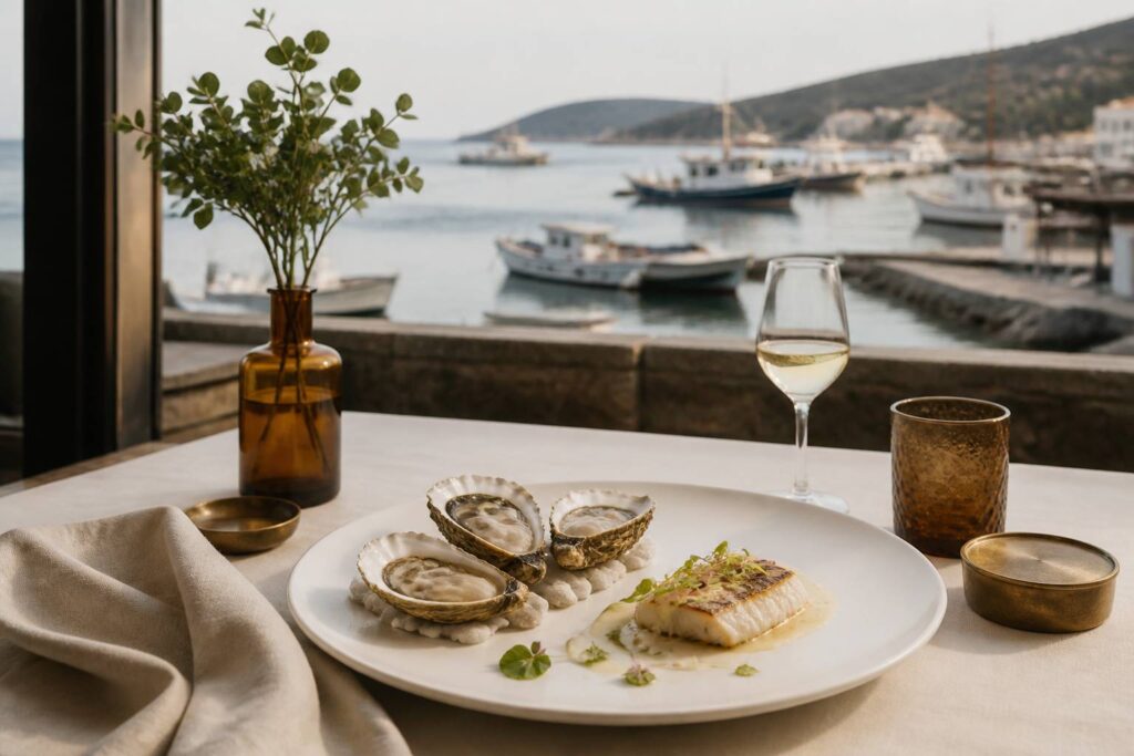 Table gastronomique avec huîtres et poisson face au port
