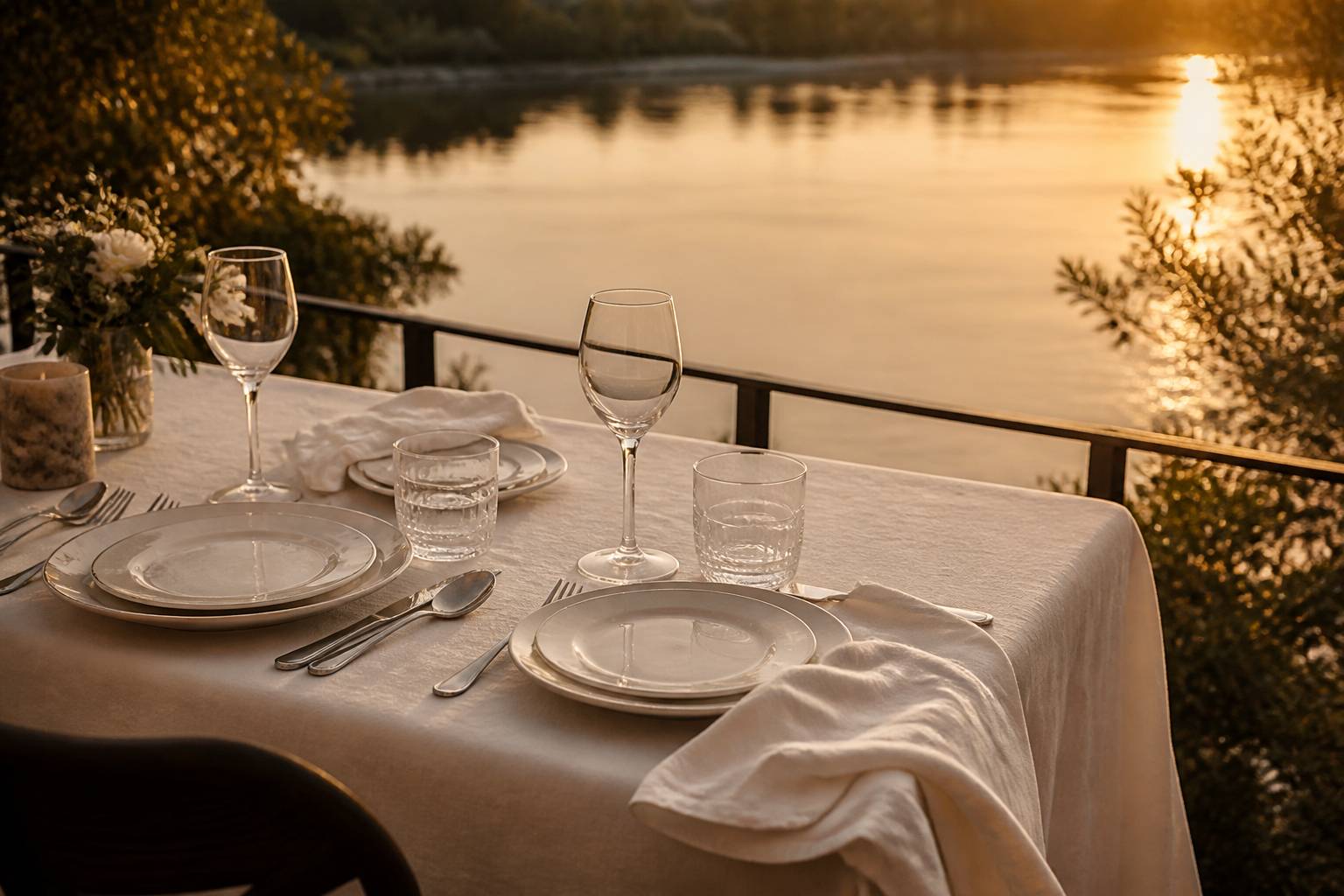 Table élégante dressée sur une terrasse au-dessus de l'eau