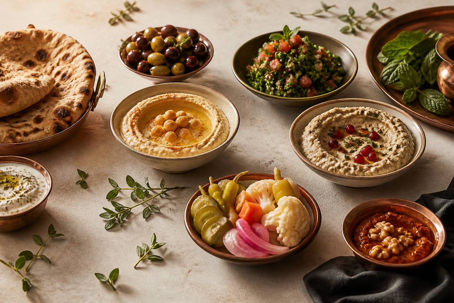 Table conviviale avec assiettes de partage levantines, sauces et pain chaud