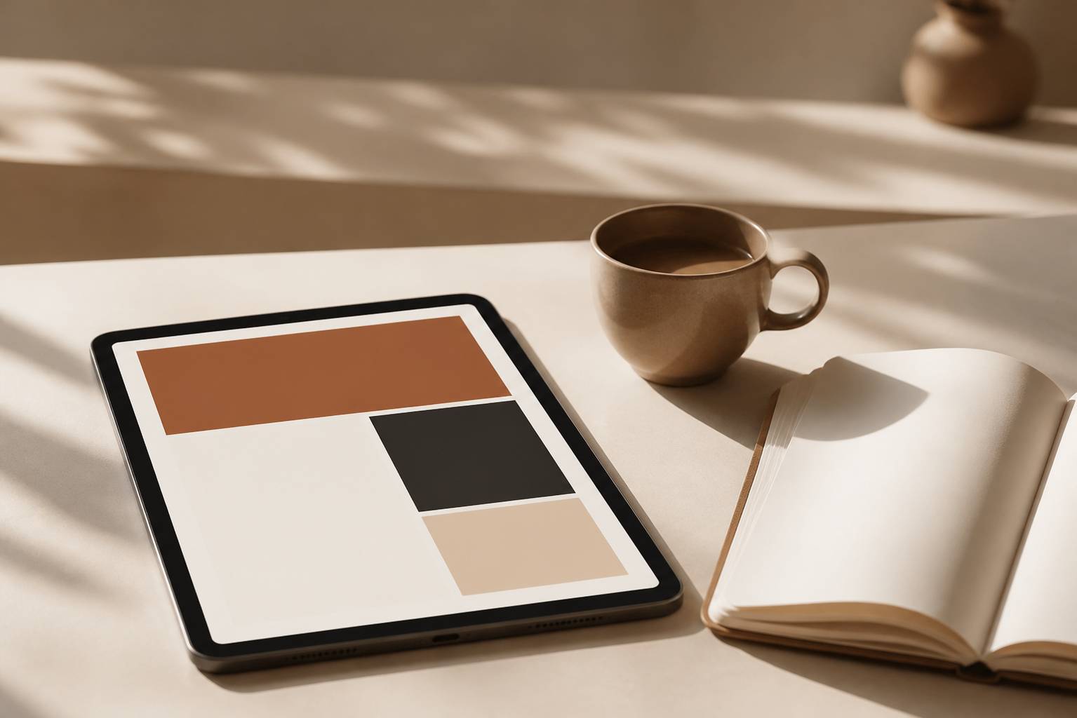 Tablette posée à plat montrant une maquette de newsletter abstraite avec tasse de café et carnet