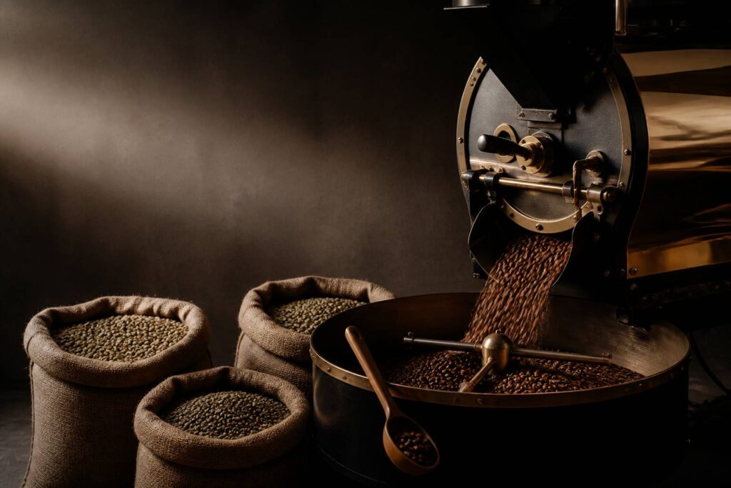 Atelier de torréfaction de café avec tambour en métal et sacs de jute