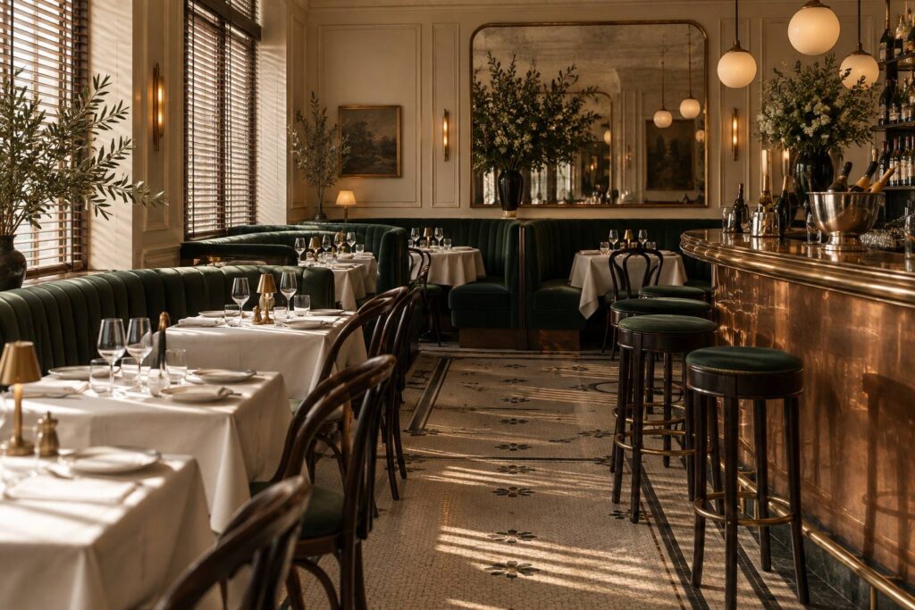Salle de bistrot chic avec banquettes et comptoir en laiton, ambiance feutrée