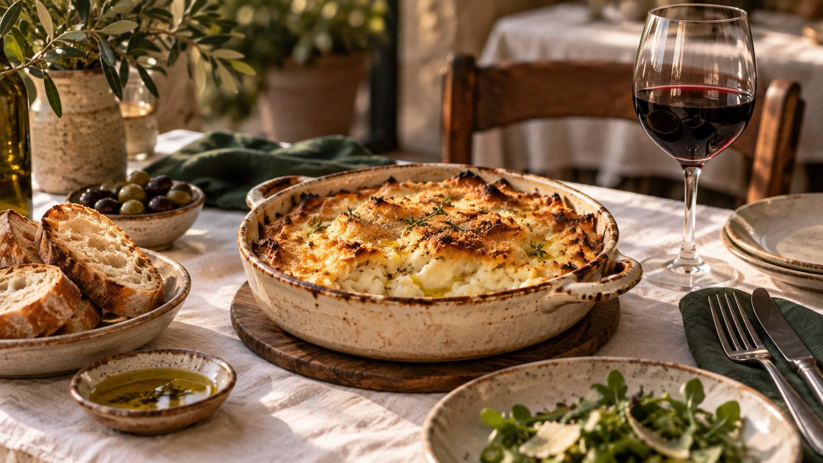 Brandade gratinée servie en plat de céramique sur une table de bistrot