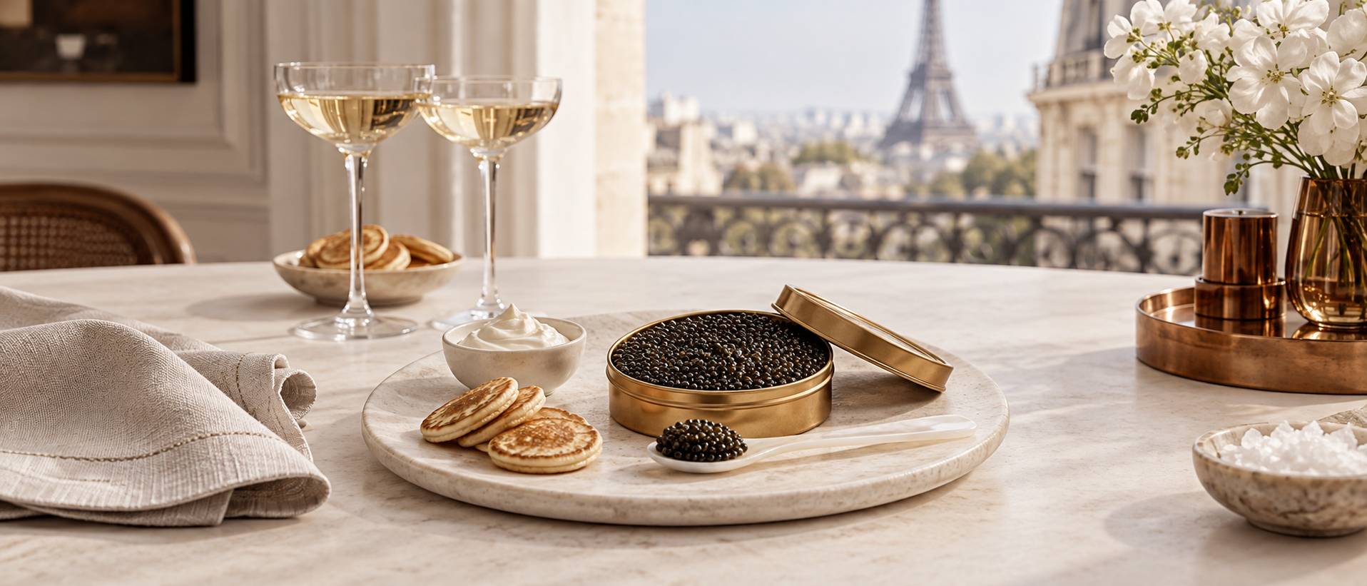 Illustration éditoriale du sujet : Caviar Kaspia : L'Art du Luxe et de la Tradition Gourmande