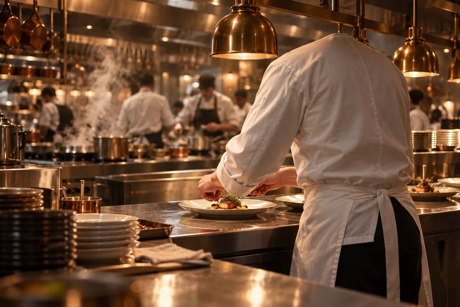 Chef en tenue blanche vu de dos dressant une assiette en cuisine