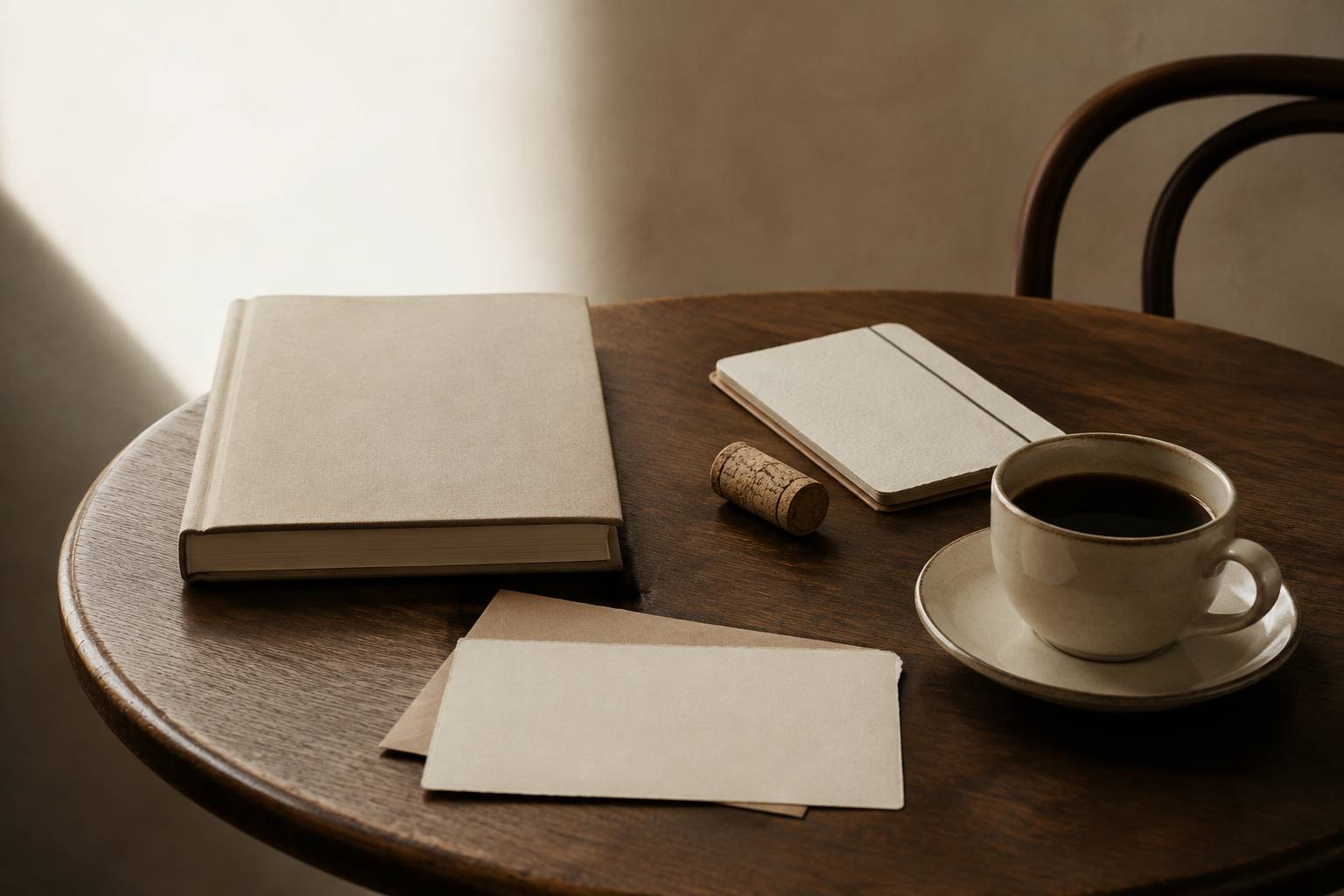 Livre fermé, carnet de cave et carte postale vierge sur une table de bistrot