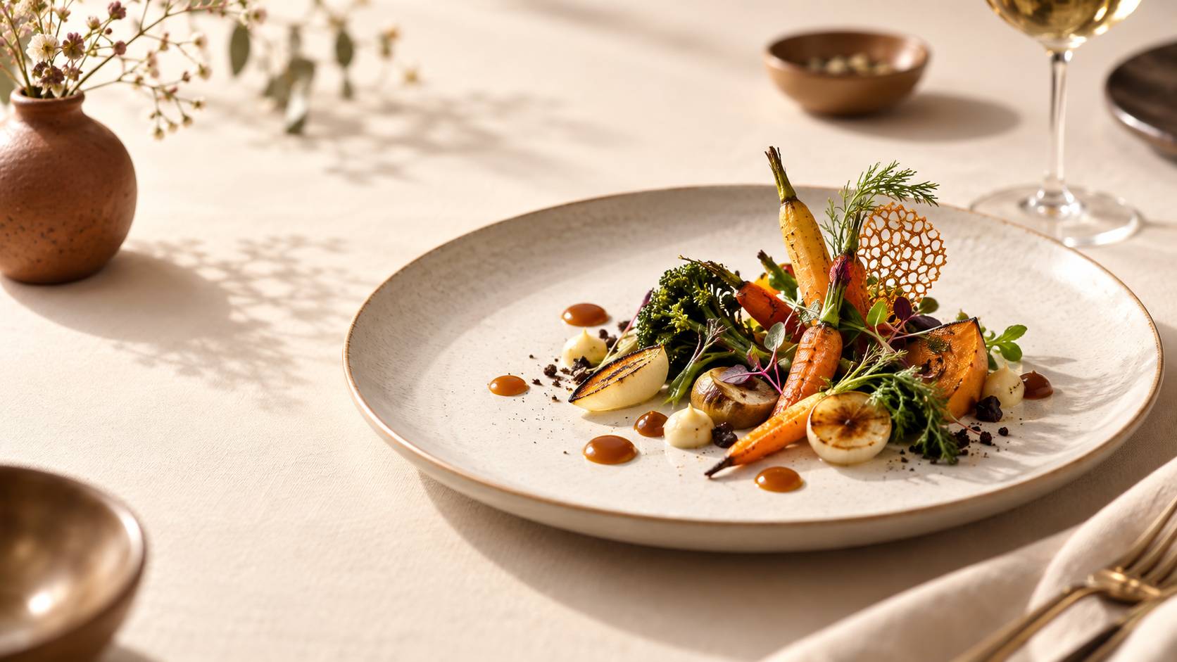 Assiette gastronomique dressée sur une nappe crème