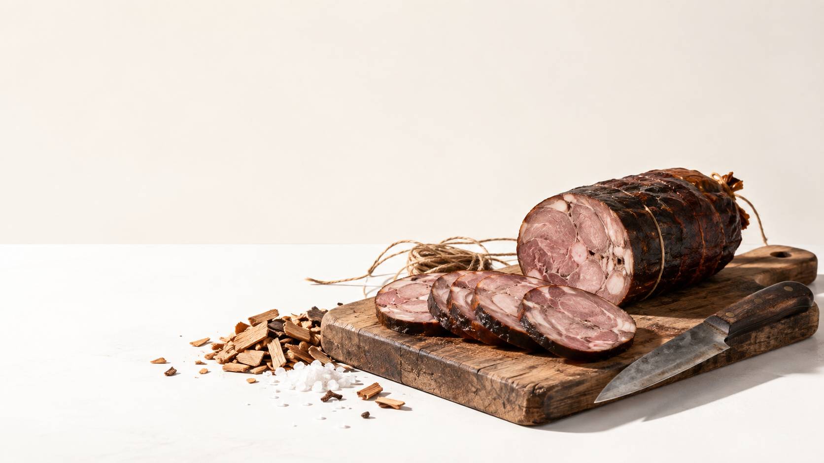 Tranches d'andouille à la peau sombre sur une planche en bois