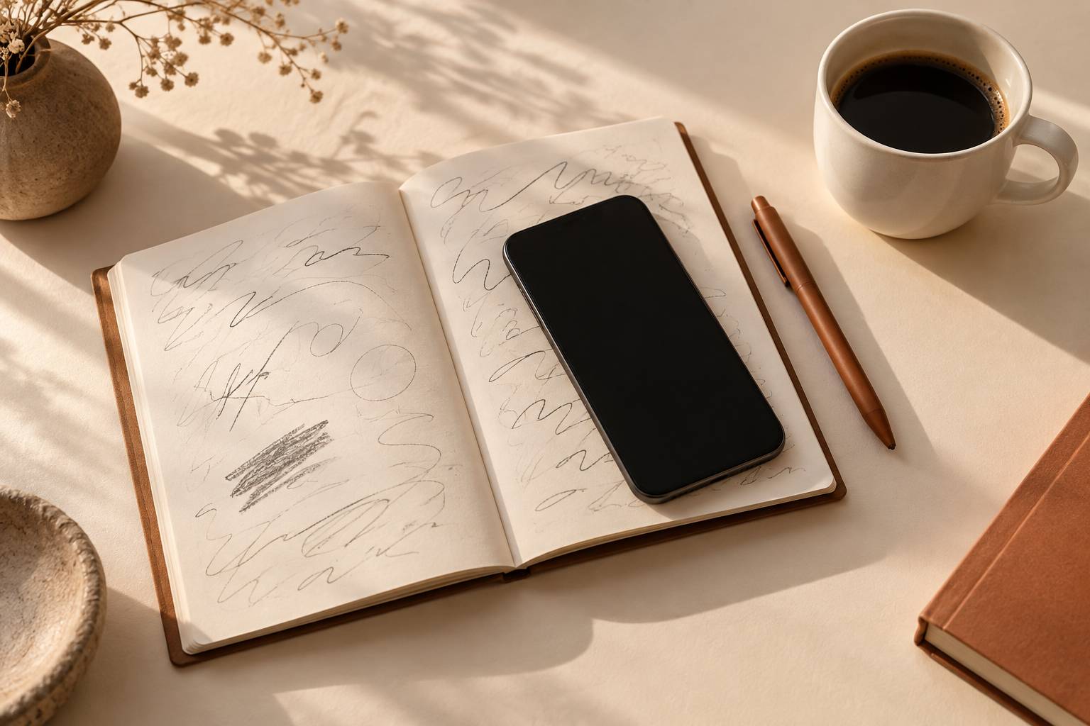 Gros plan sur un carnet aux lignes illisibles et un smartphone posé dessus