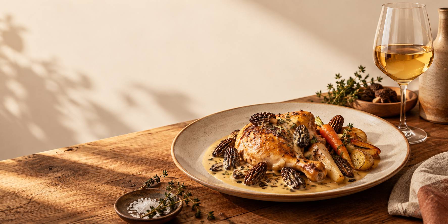 Gros plan sur une assiette de volaille au vin jaune et morilles