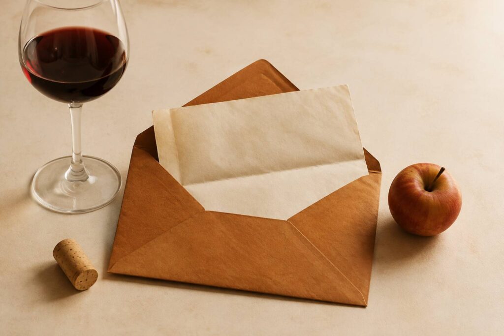 Enveloppe kraft ouverte avec lettre en parchemin, verre de vin et bouchon de liège