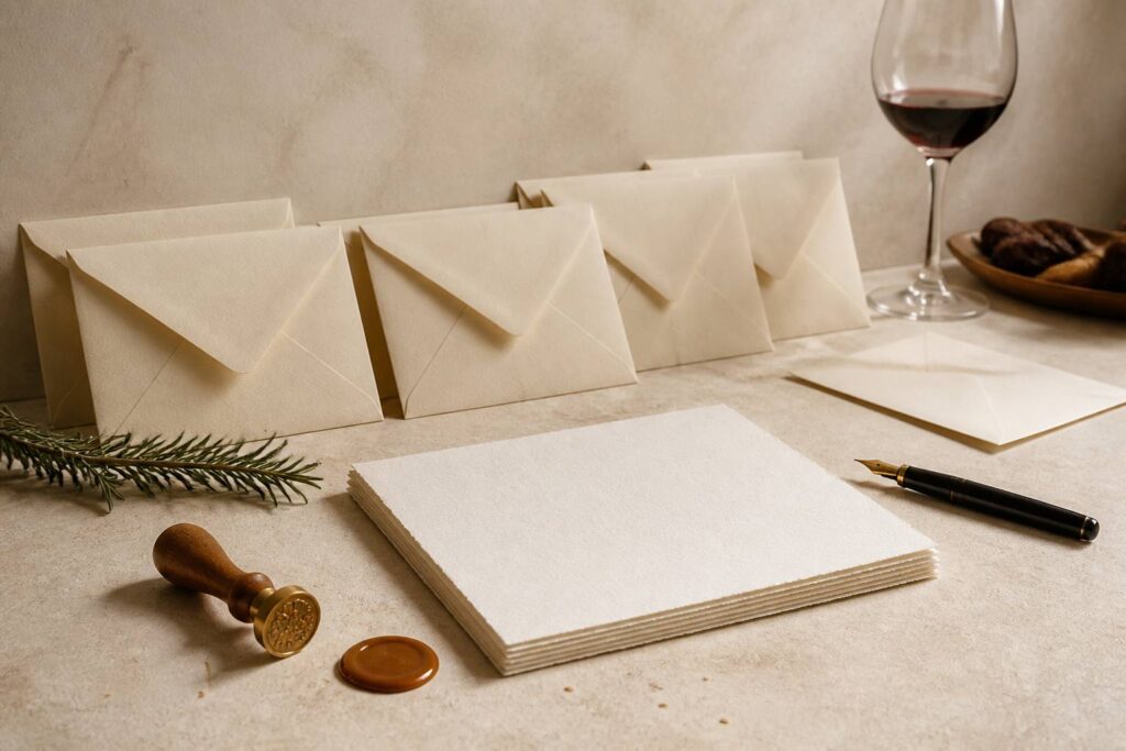 Composition éditoriale de papeterie crème avec sceau de cire et stylo plume