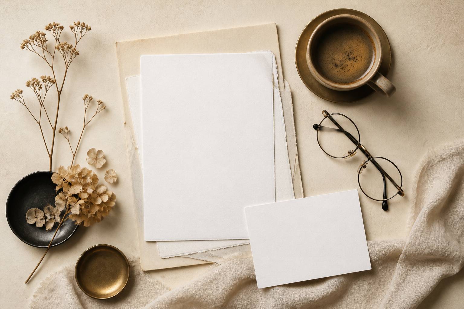 Flat-lay de papeterie vierge, fleurs séchées et tasse de café sur fond crème